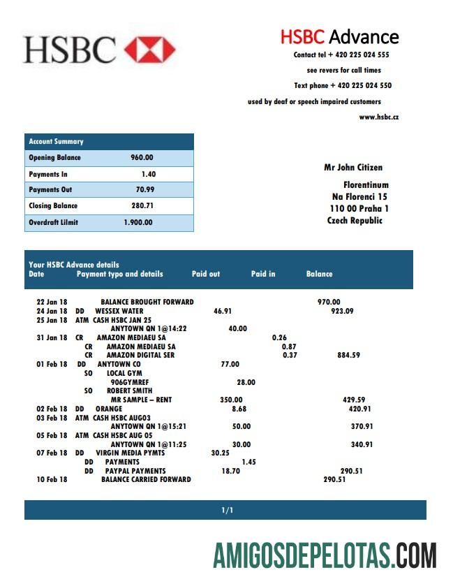 Extrato bancário tcheco HSBC para download, modelo fácil de preencher